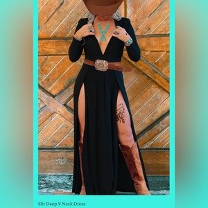 Slit Deep V Neck Dress